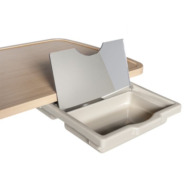 Graham field lumex overbed table vanity drawer with mirror pulled out